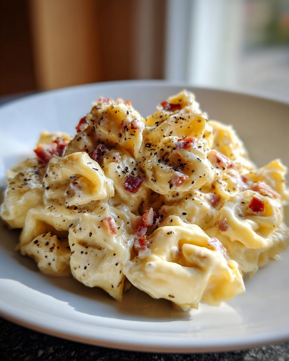 Close-up of creamy Tortellini Carbonara tossed with bacon bits and freshly cracked black pepper on a white plate.