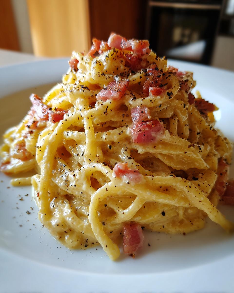 Close-up of creamy Tortellini Carbonara pasta generously topped with crispy bacon bits and freshly ground black pepper.