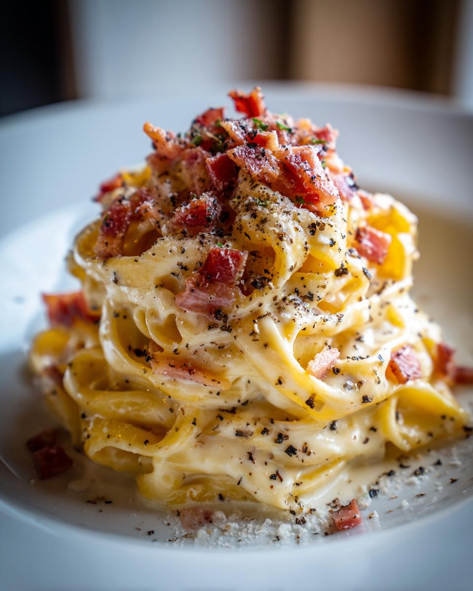 Close-up of a rich serving of Tortellini Carbonara, coated in creamy sauce and topped with crispy bacon bits and black pepper.