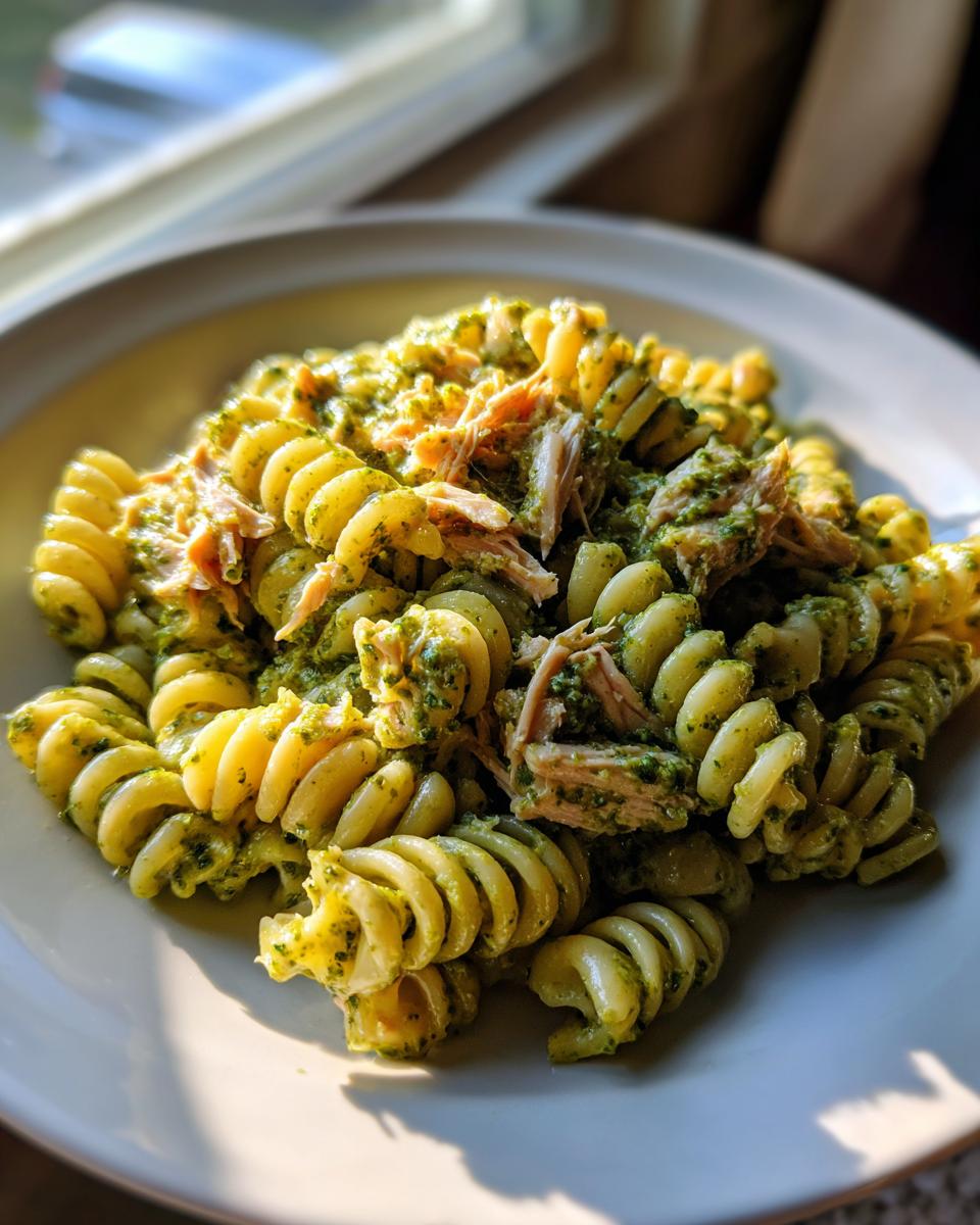 A plate of Creamy Tuna Pesto Pasta made with fusilli, featuring chunks of tuna mixed into a vibrant green pesto sauce.