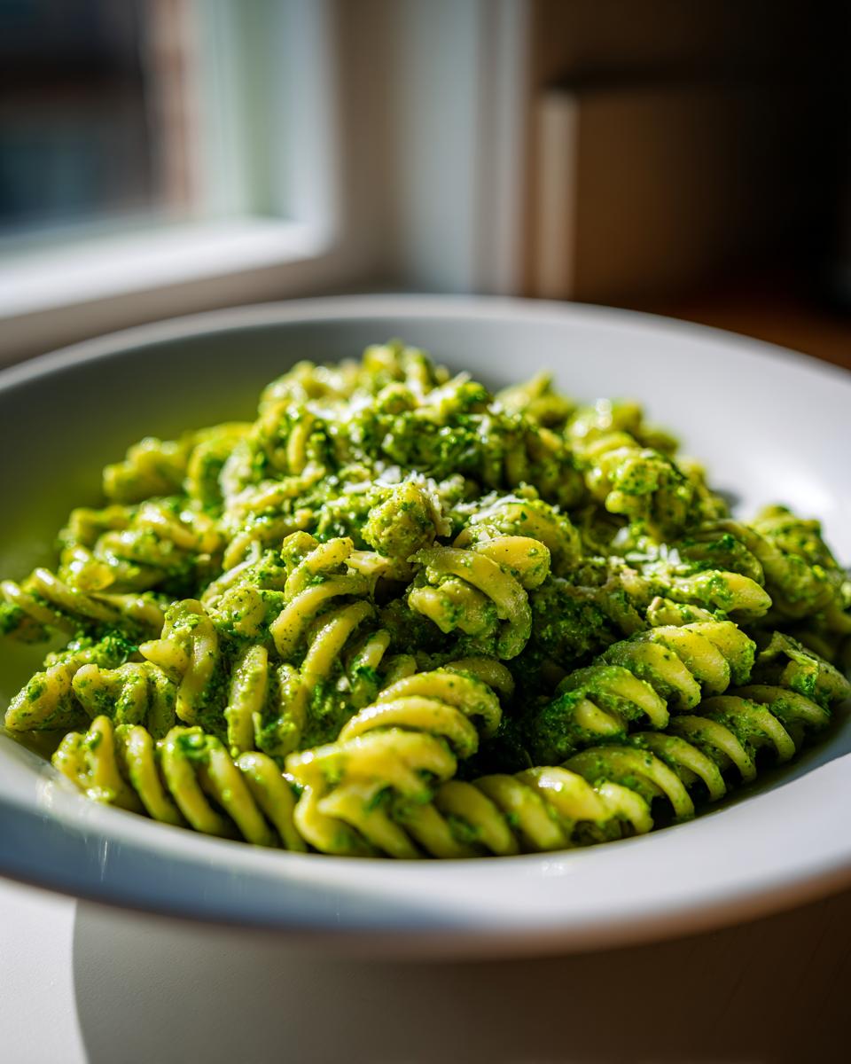 Close-up of fusilli pasta coated in vibrant green pesto sauce, served in a white bowl, showcasing the Creamy Tuna Pesto Pasta.