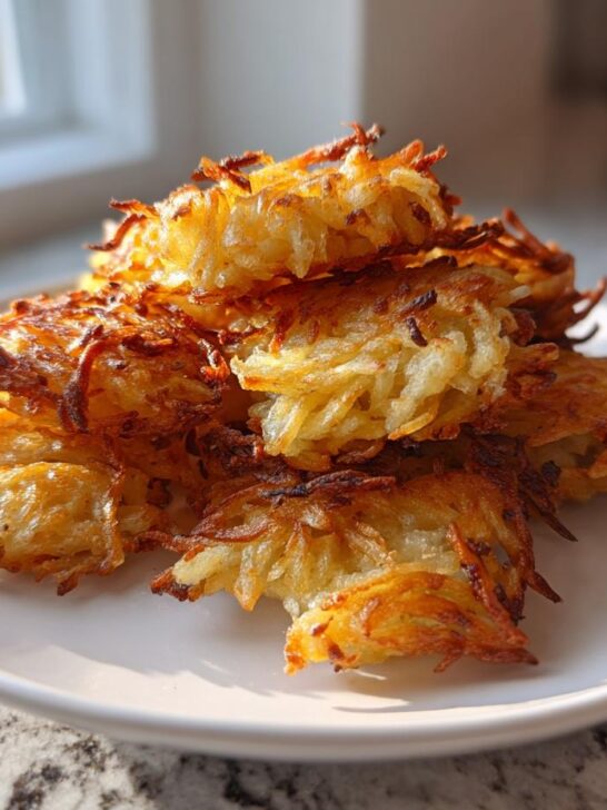 A stack of golden brown, crispy Air Fryer Hash Brown Potatoes piled high on a white plate.