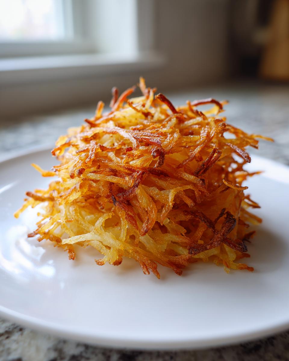 A mound of crispy, golden-brown Air Fryer Hash Brown Potatoes served on a white plate.