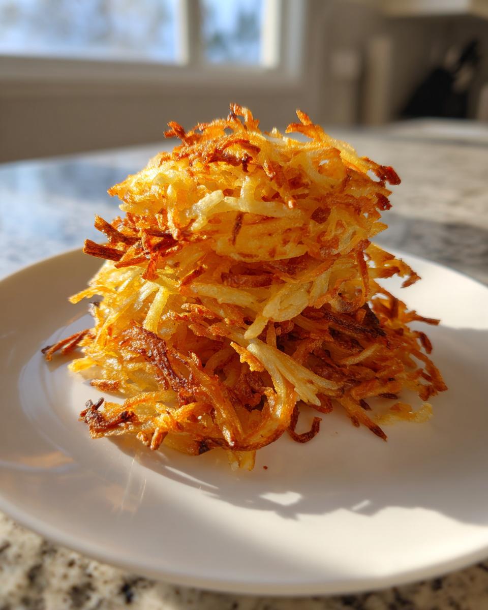 A tall stack of golden brown, crispy Air Fryer Hash Brown Potatoes on a white plate.