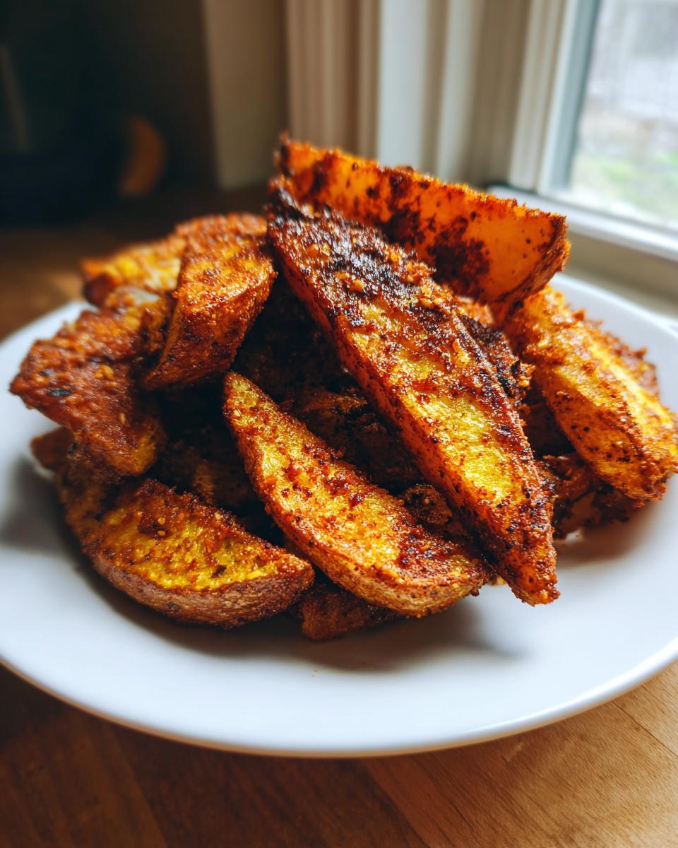 A close-up of a pile of golden, crispy baked jerk potato wedges seasoned with spices, served on a white plate.