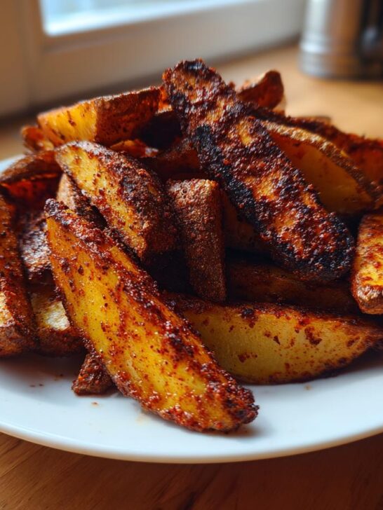 A white plate piled high with golden, crispy baked jerk potato wedges seasoned with dark spices.