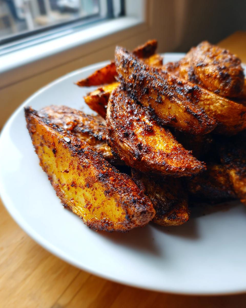 A close-up shot of perfectly seasoned and Crispy Baked Jerk Potato Wedges piled on a white plate.