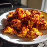 Close-up of golden brown, sticky Crispy Baked Sticky Orange Cauliflower Bites piled on a white plate.