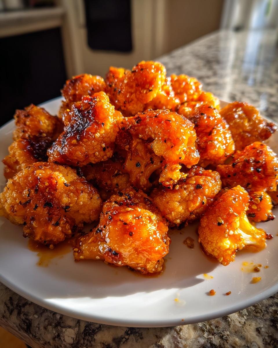 A close-up of a pile of Crispy Baked Sticky Orange Cauliflower Bites glistening with sauce on a white plate.