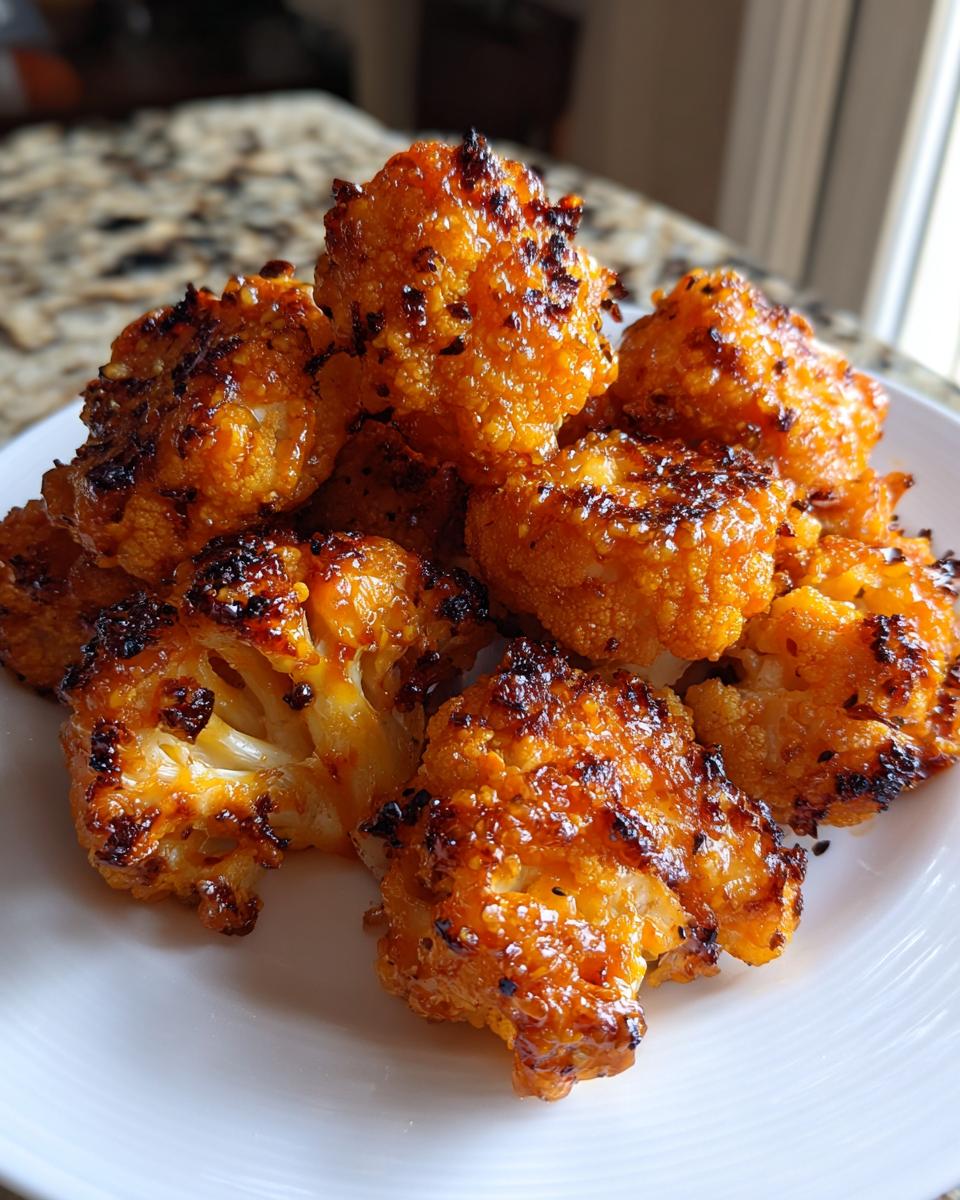 A pile of Crispy Baked Sticky Orange Cauliflower Bites, glazed and slightly charred, served on a white plate.