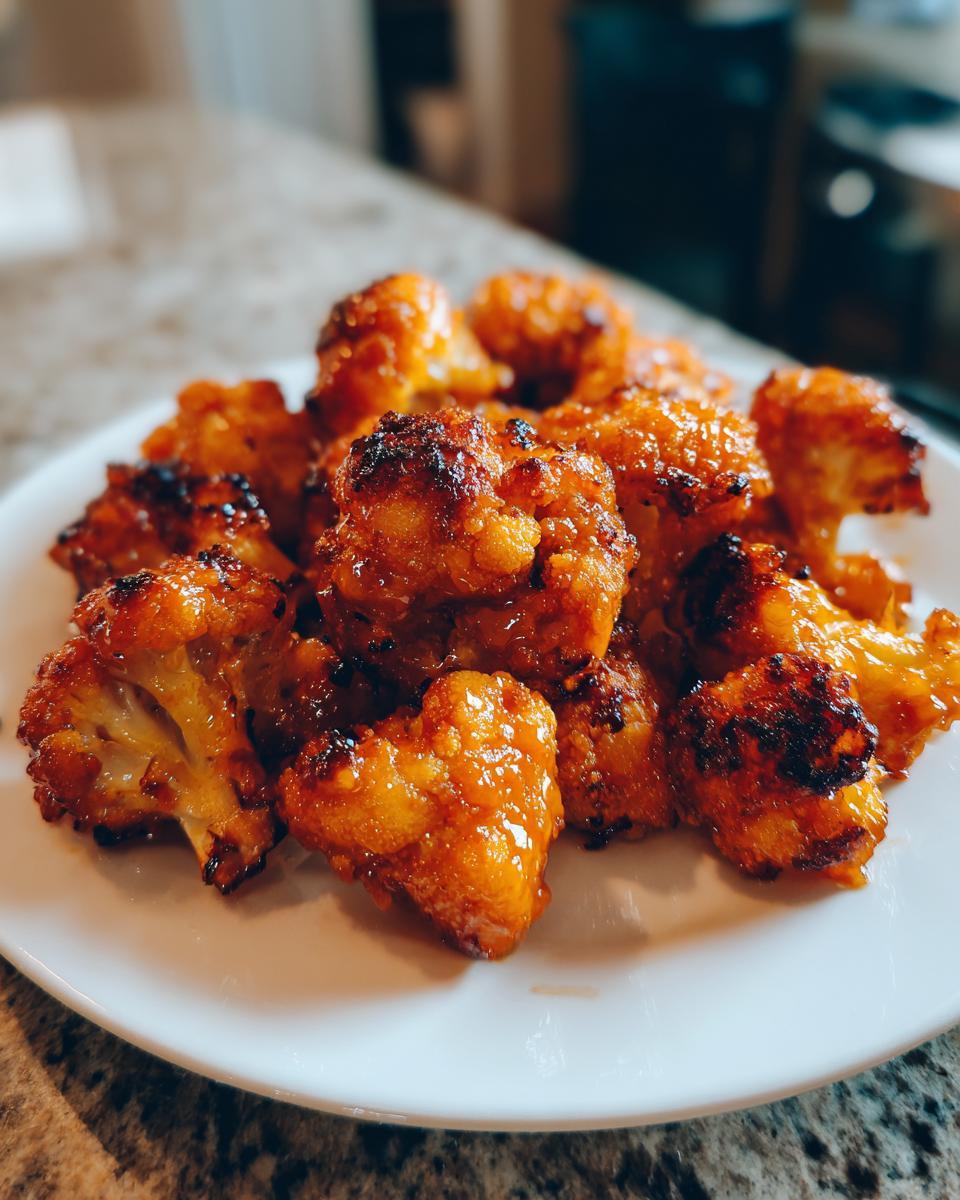 A pile of Crispy Baked Sticky Orange Cauliflower Bites glazed with a shiny sauce on a white plate.