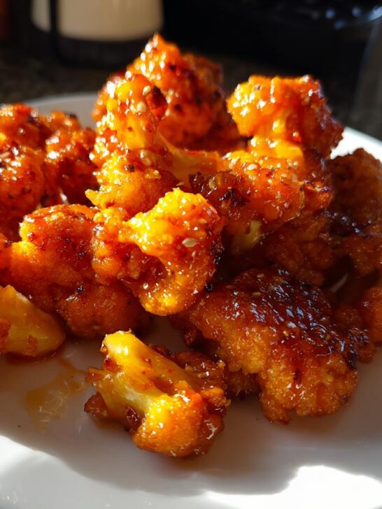 A close-up of Crispy Baked Sticky Orange Cauliflower Bites coated in a glossy, orange glaze on a white plate.