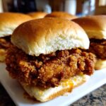 Close-up of a perfectly crispy Fried Chicken Slider with a glazed, golden-brown patty nestled between soft slider buns.