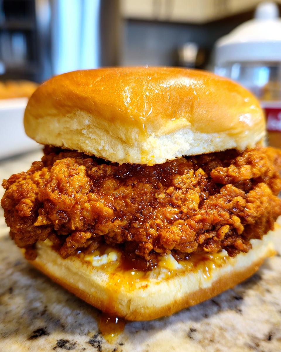 Close-up of a delicious Fried Chicken Sliders featuring a thick, crispy, sauced chicken patty on a shiny brioche bun.
