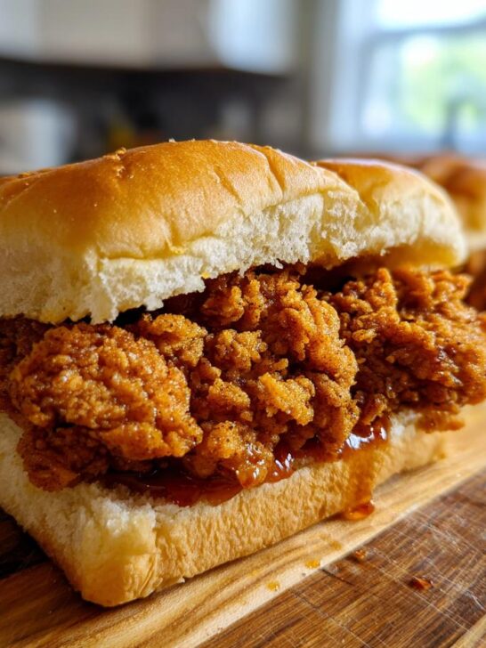 A close-up of a single, delicious Fried Chicken Sliders featuring crispy, seasoned chicken on a soft bun with sauce.