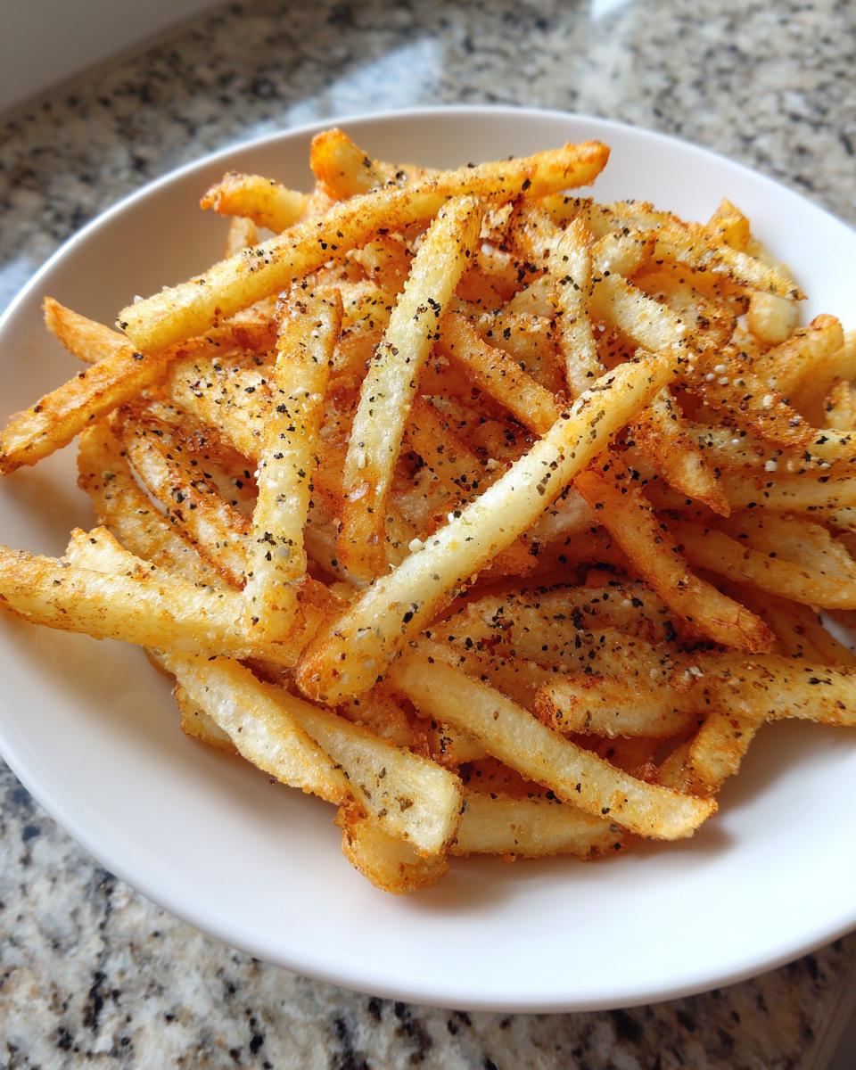 A close-up of golden, crispy seasoned french fries piled high in a white bowl, heavily dusted with black pepper and seasoning.