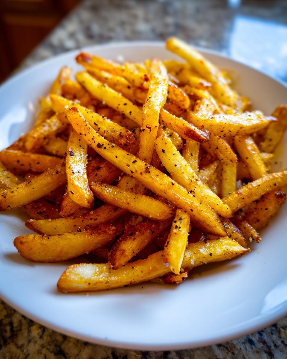 A close-up of golden, perfectly cooked Crispy Seasoned French Fries seasoned heavily with black pepper and salt.