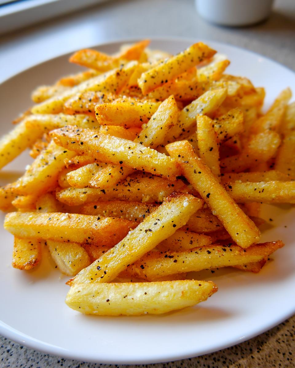Close-up of a mound of golden, perfectly cooked Crispy Seasoned French Fries dusted heavily with salt and pepper.