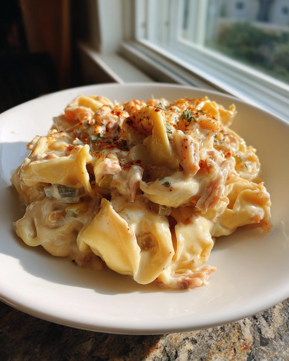 A close-up of a creamy serving of Crock Pot Cheesesteak Tortellini topped with paprika and herbs.
