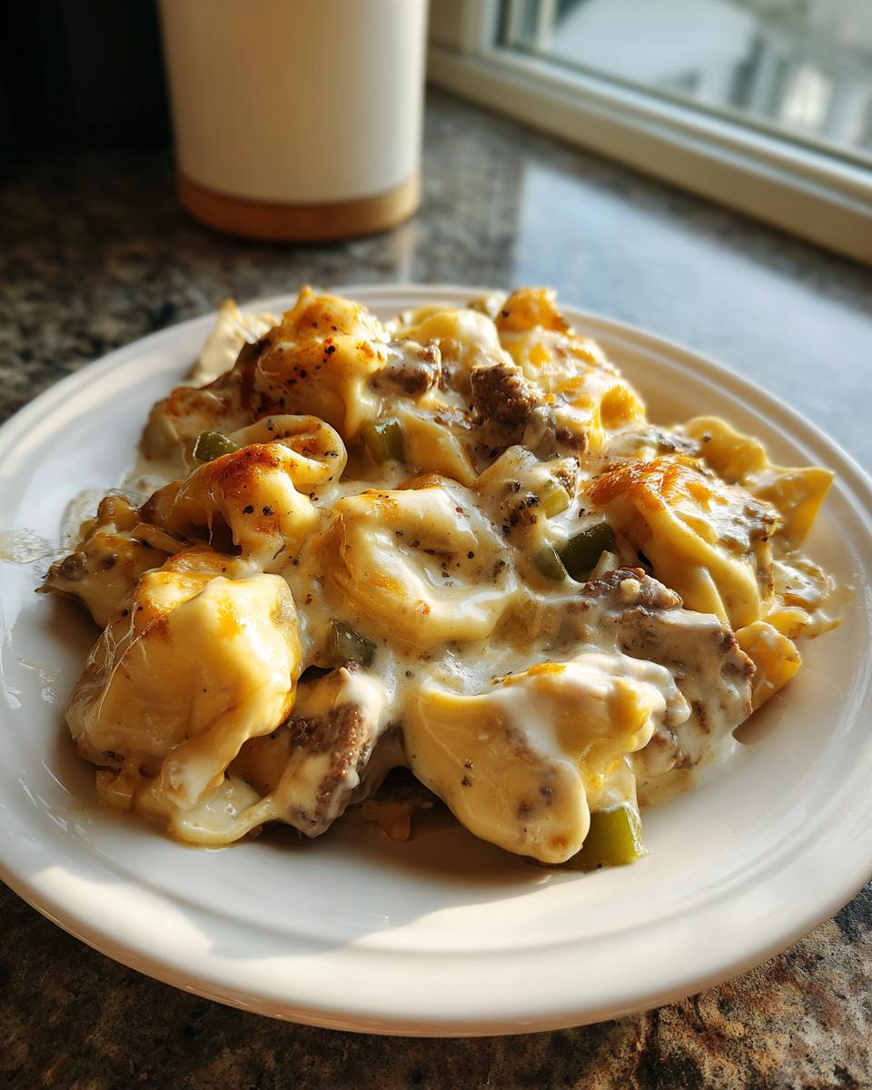 A close-up of a serving of Crock Pot Cheesesteak Tortellini covered in melted, creamy cheese sauce and black pepper.