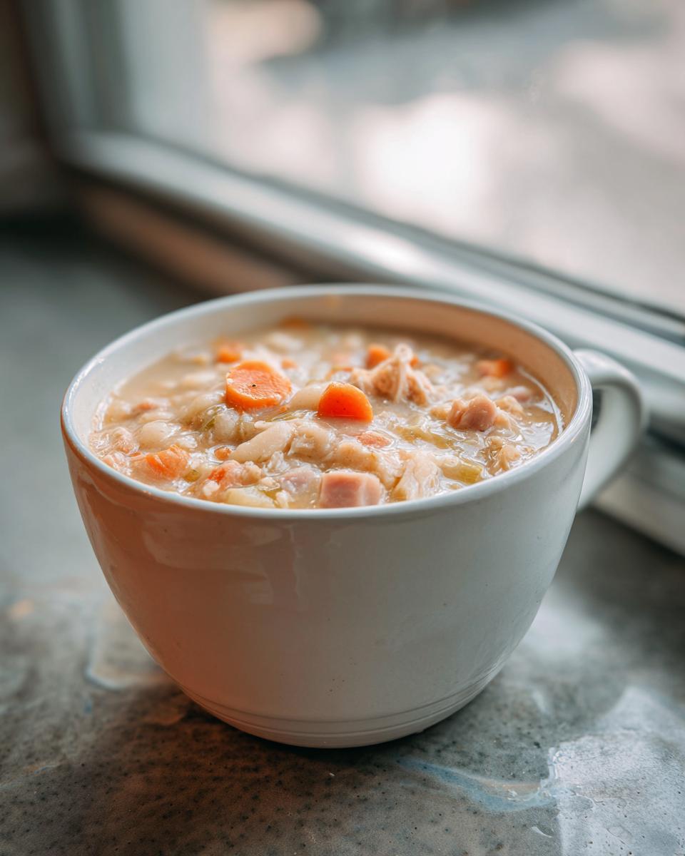 A white mug filled with hearty Crockpot White Bean And Ham Soup, featuring beans, ham chunks, and carrots, set near a bright window.