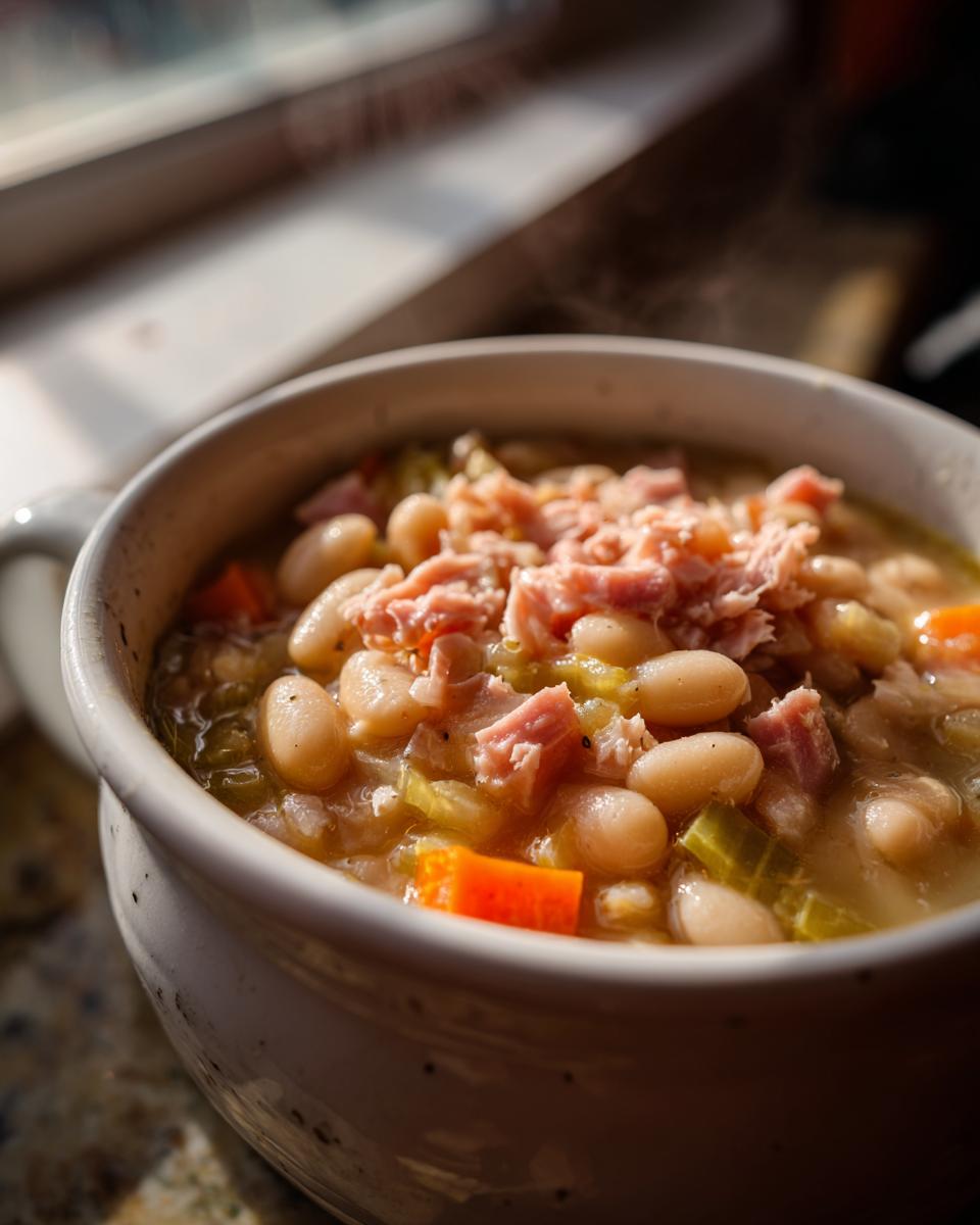 Close-up of a steaming bowl of Crockpot White Bean And Ham Soup topped with shredded ham, carrots, and celery.