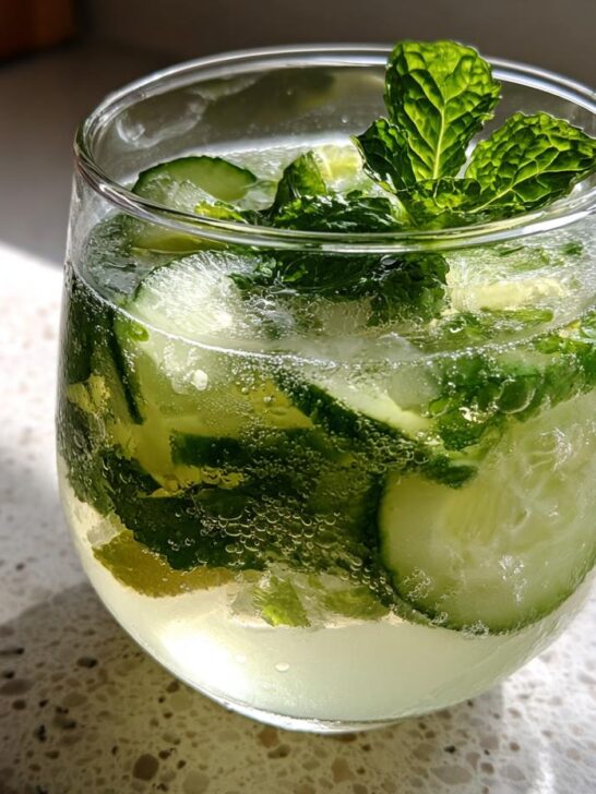 Close-up of a sparkling Cucumber Ginger Mint Mocktail filled with cucumber slices and fresh mint leaves.