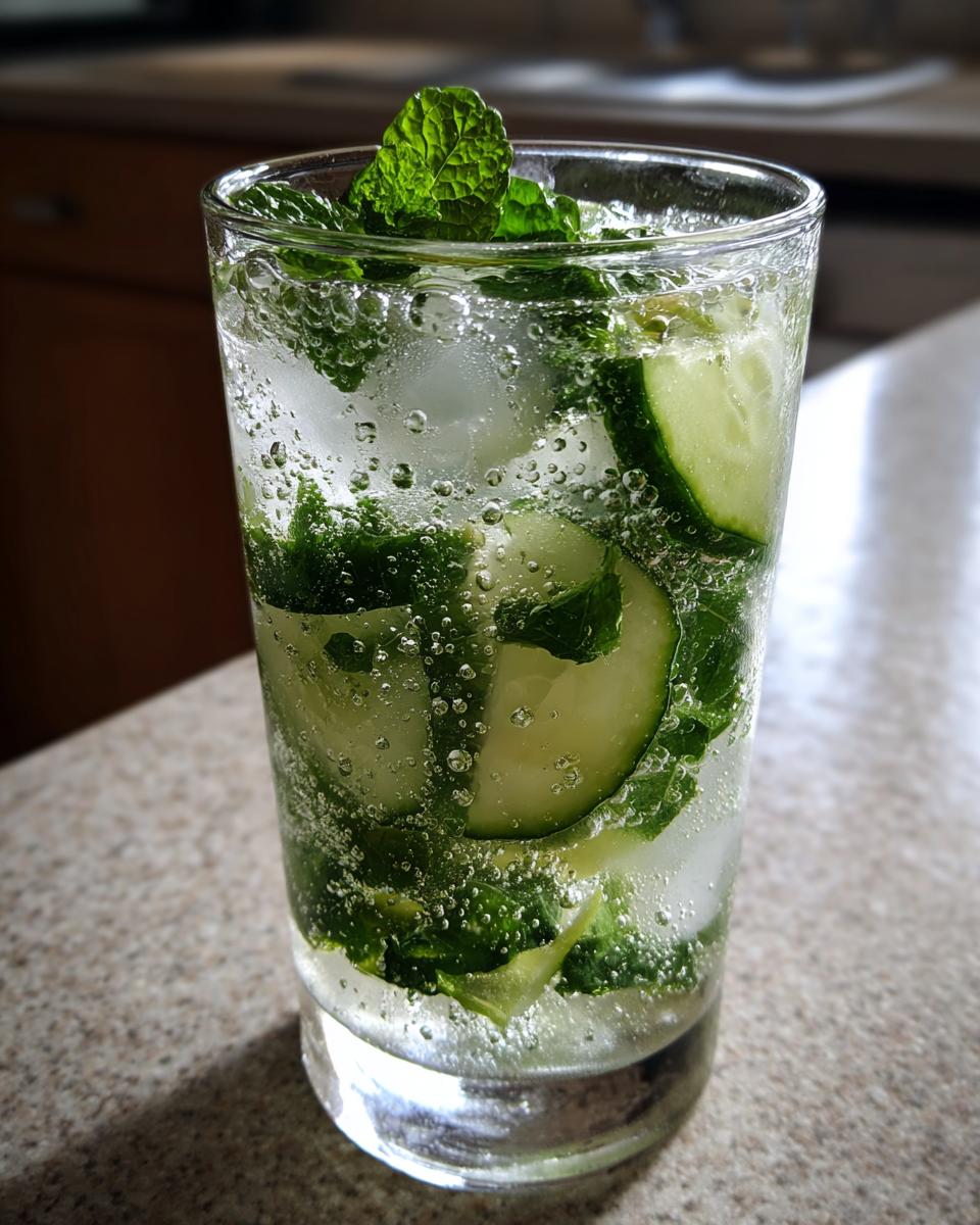 Close-up of a tall glass filled with a bubbly Cucumber Ginger Mint Mocktail, ice, cucumber slices, and fresh mint leaves.