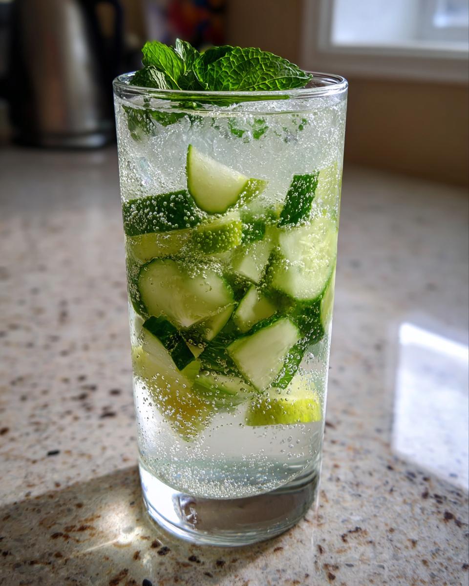 Close-up of a tall glass filled with a bubbly Cucumber Ginger Mint Mocktail, featuring cucumber slices, ice, and a mint garnish.
