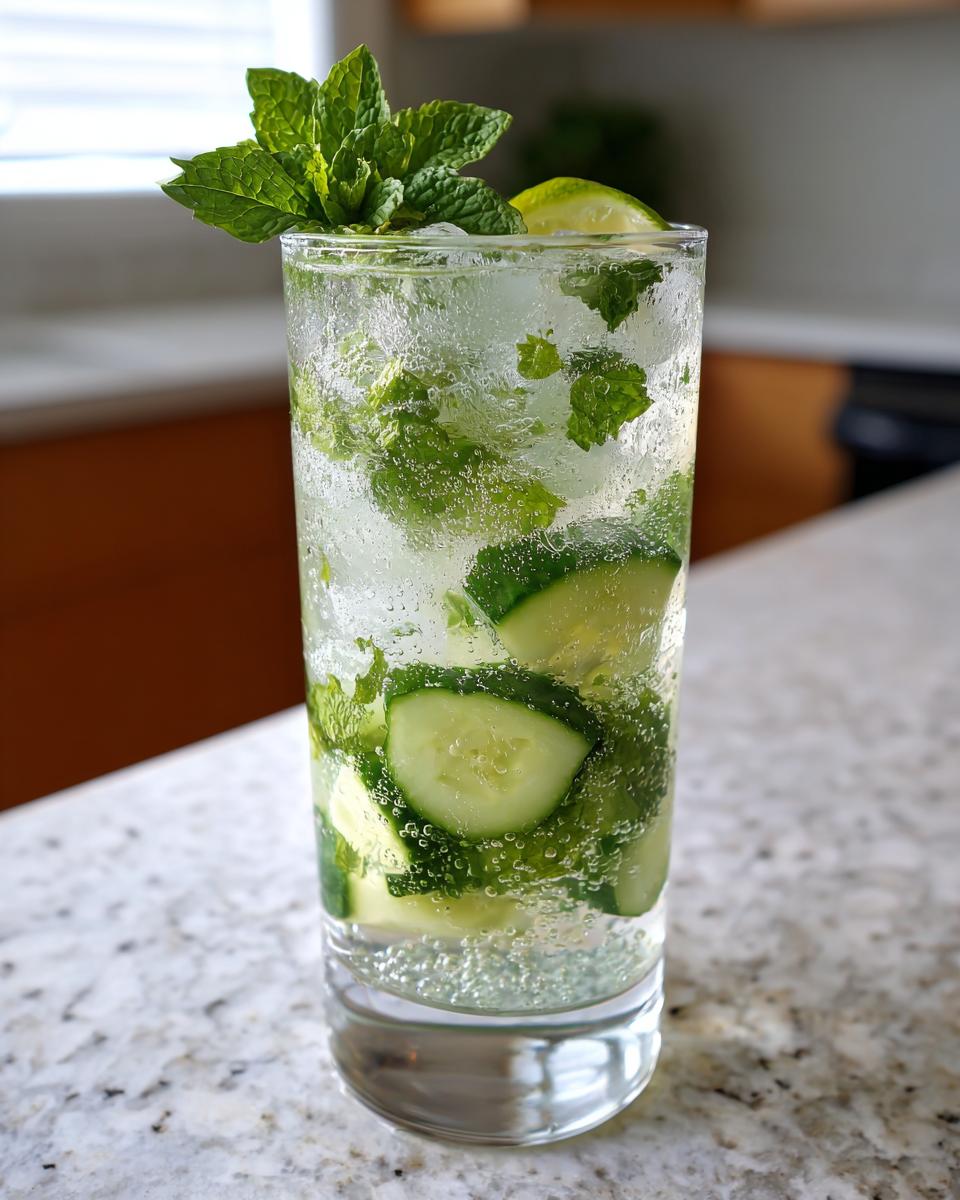 A tall glass filled with a bubbly Cucumber Ginger Mint Mocktail, garnished with fresh mint and lime.