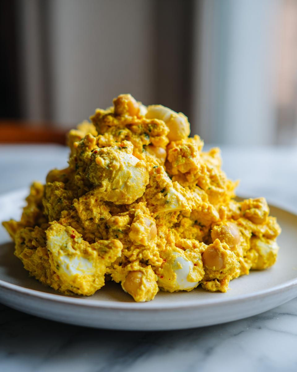 A close-up of a mound of bright yellow Curried Chickpea Salad featuring visible chickpeas and chunks of egg white.