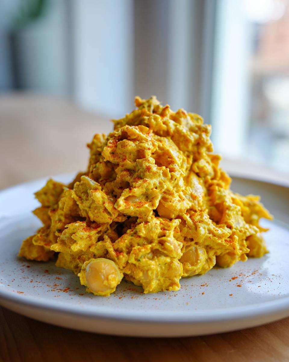 A mound of bright yellow Curried Chickpea Salad seasoned with paprika, served on a light plate.
