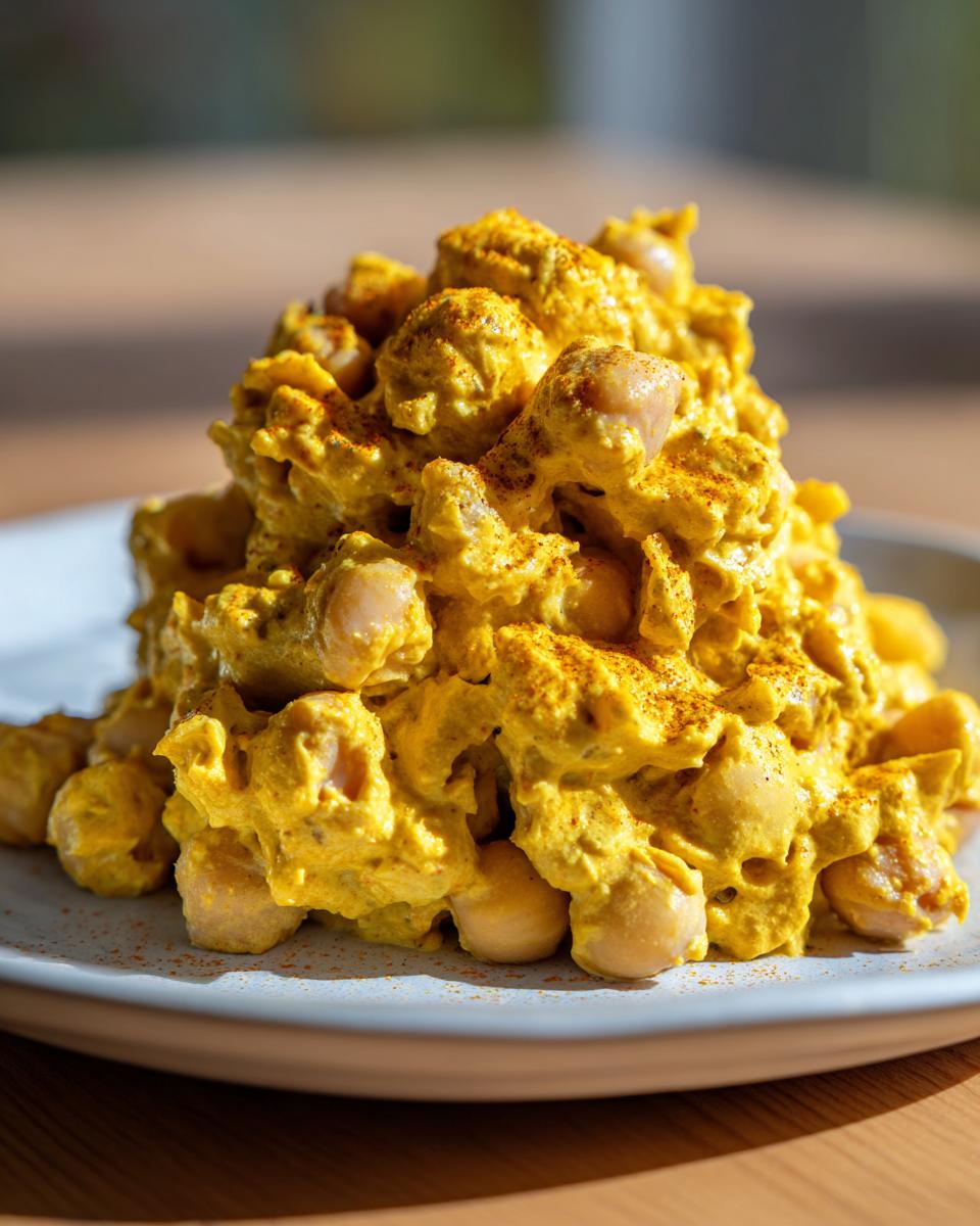 A close-up of a mound of bright yellow Curried Chickpea Salad, heavily coated in creamy dressing and sprinkled with curry powder.