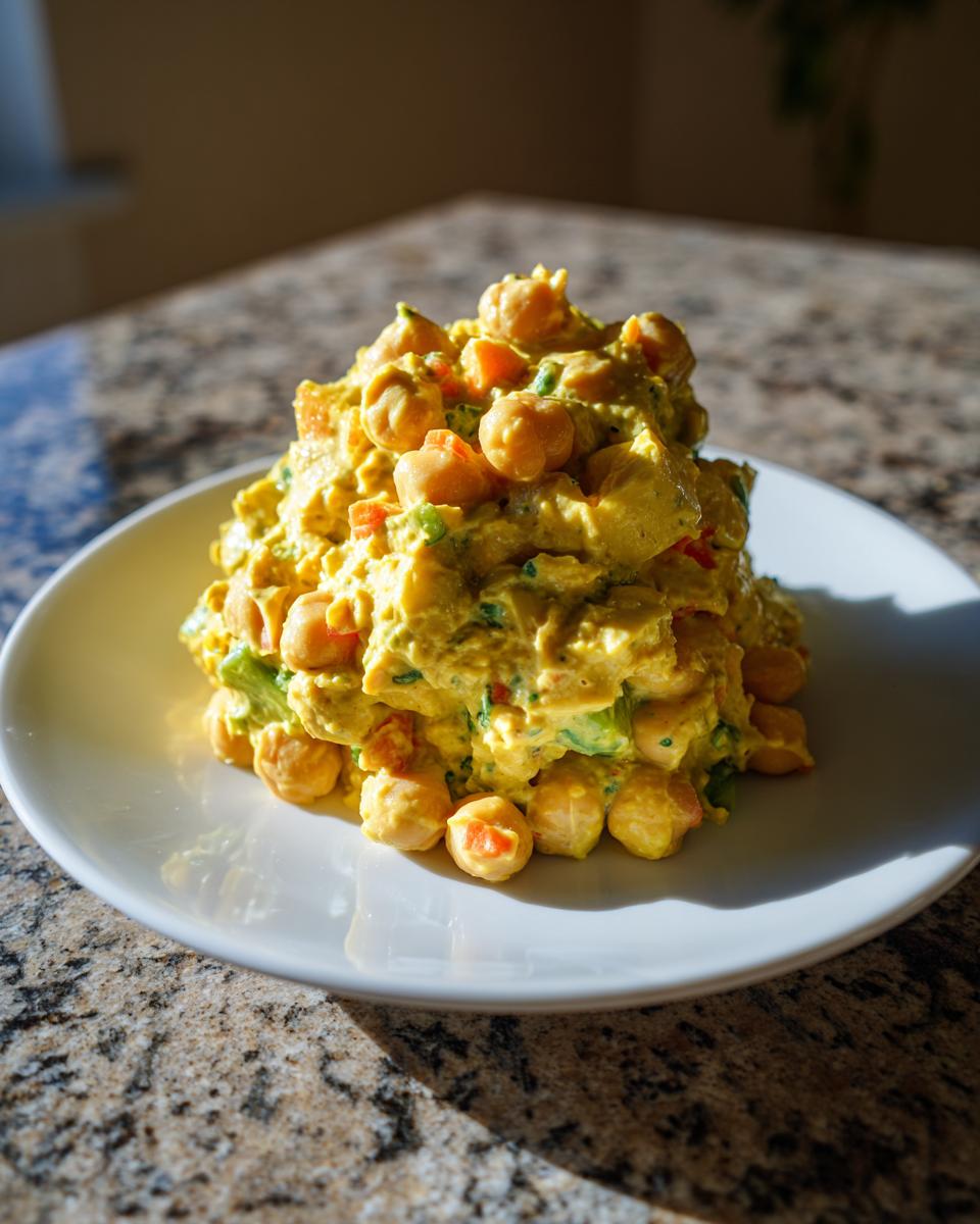 A mound of bright yellow Curried Chickpea Salad served on a white plate, featuring visible chickpeas and diced vegetables.