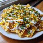 A plate piled high with Dairy Free Mexican Street Corn Nachos, topped with roasted corn, white sauce drizzle, and cilantro.