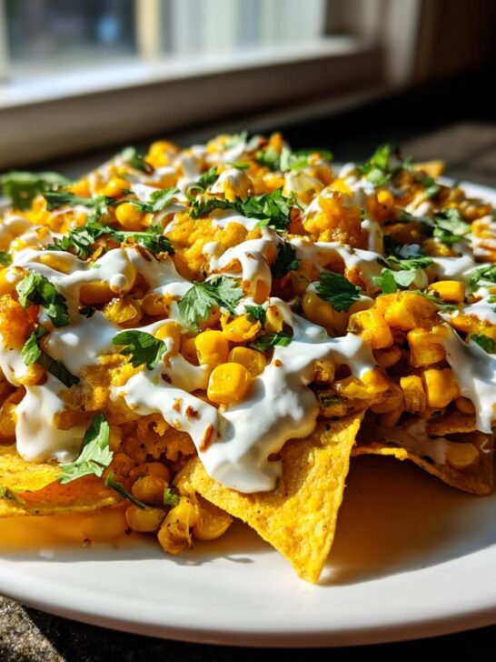 A plate piled high with Dairy Free Mexican Street Corn Nachos topped with corn, white sauce, and cilantro.