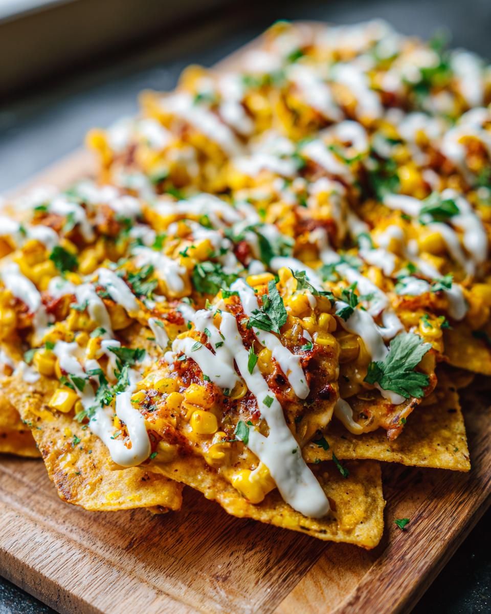 Close-up of crispy tortilla chips piled high with roasted corn, spices, and drizzled with white sauce for Dairy Free Mexican Street Corn Nachos.