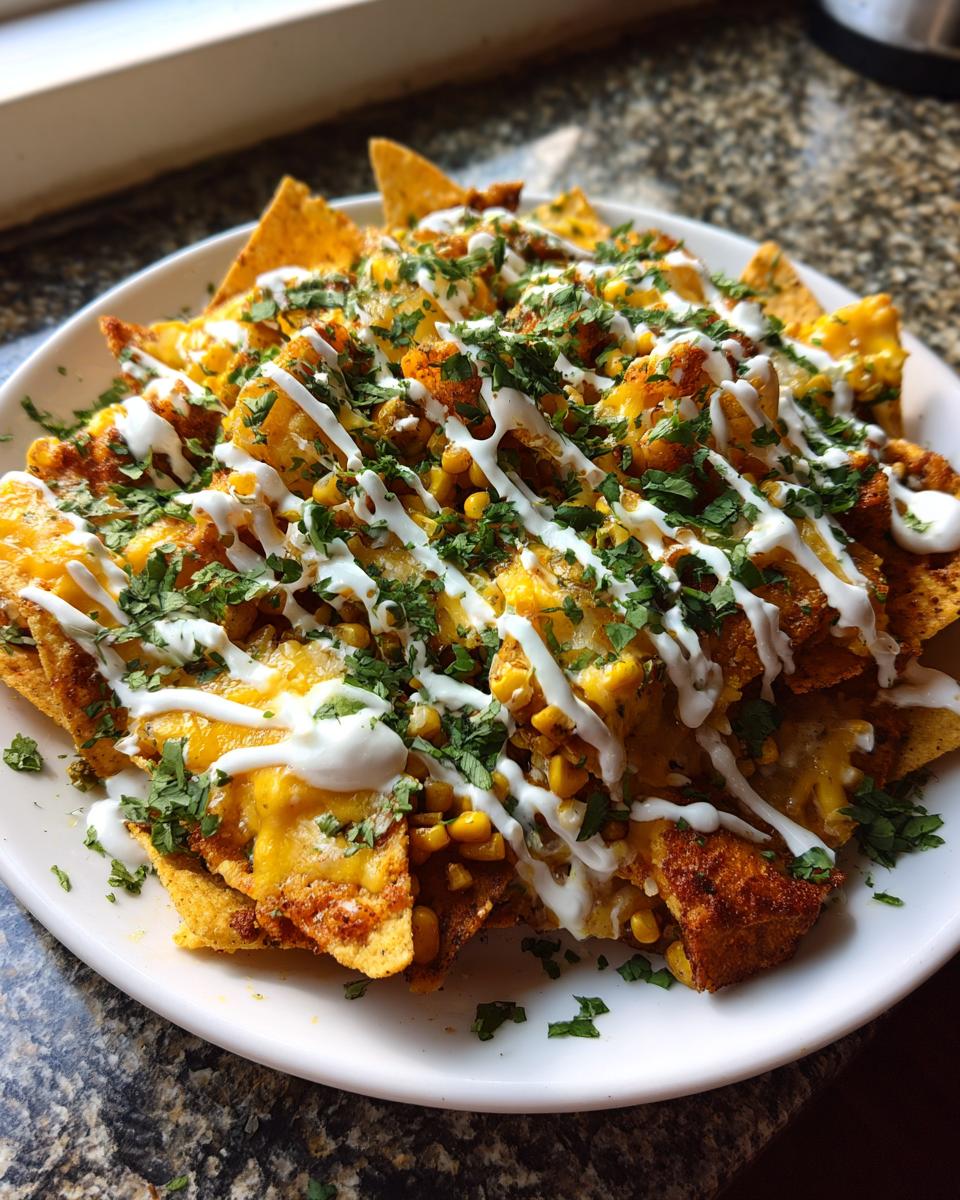 A plate piled high with Dairy Free Mexican Street Corn Nachos, topped with corn, melted cheese, white drizzle, and cilantro.