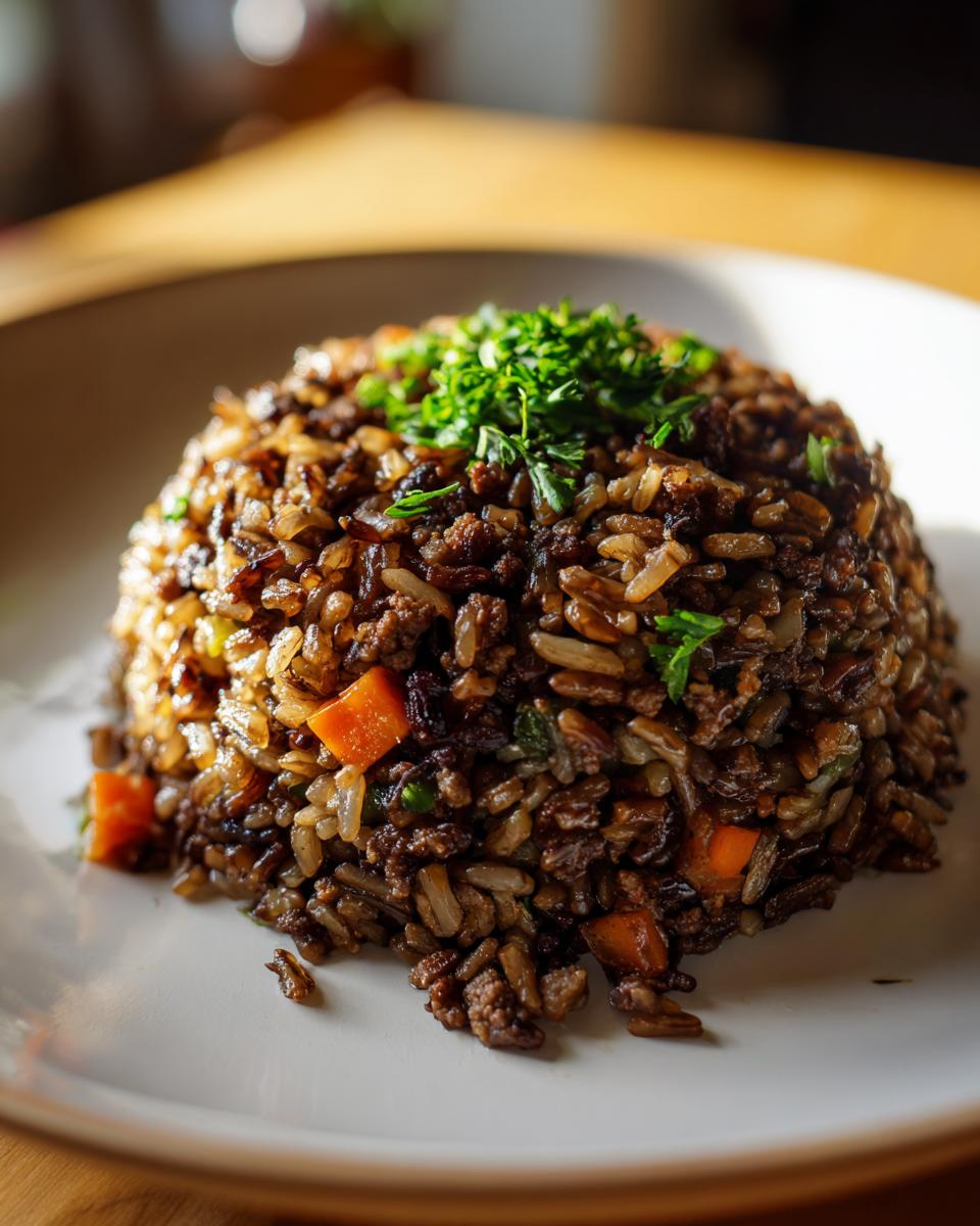 A mound of rich, dark Dirty Rice With Ground Beef, mixed with vegetables and topped with fresh parsley.