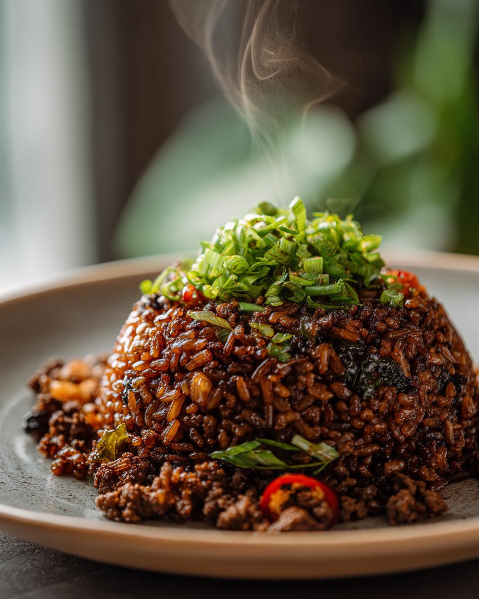 A mound of steaming hot Dirty Rice With Ground Beef, topped generously with fresh chopped green onions.