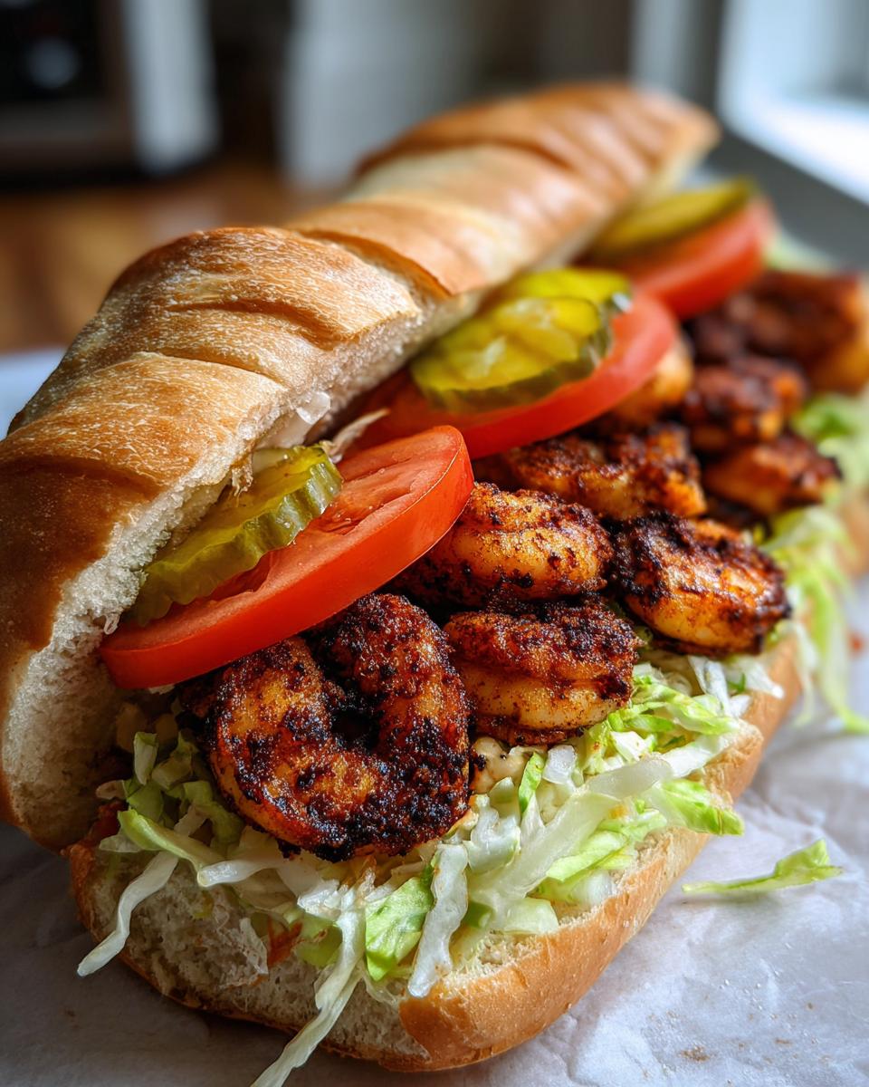A close-up view of The Best Easy Blackened Shrimp Po Boy sandwich loaded with blackened shrimp, lettuce, tomato, and pickles.