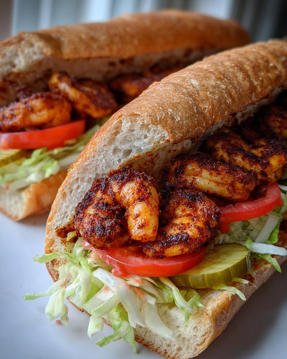 Close-up of The Best Easy Blackened Shrimp Po Boy filled with blackened shrimp, lettuce, tomato, and pickles on a French loaf.