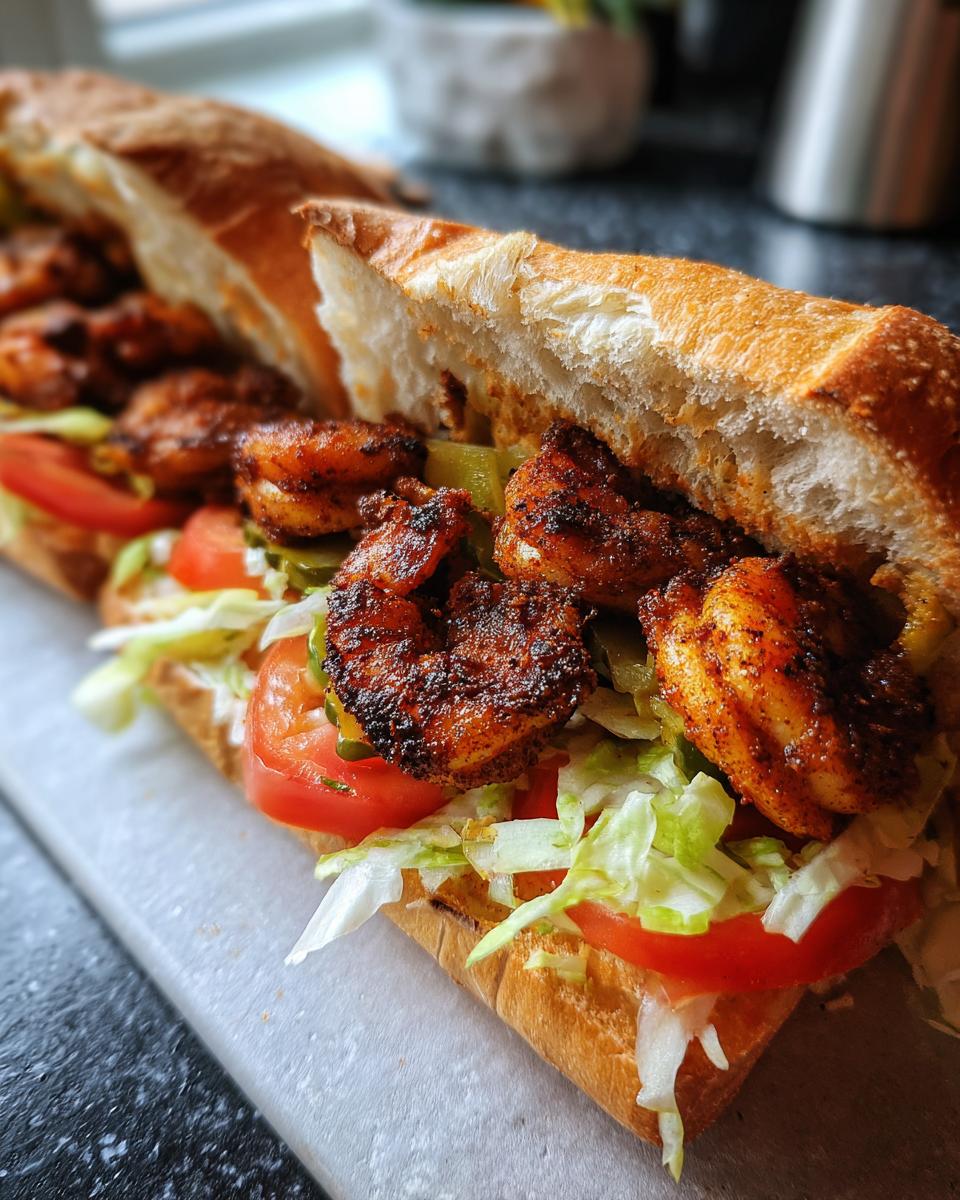 A close-up view of The Best Easy Blackened Shrimp Po Boy sandwich overflowing with blackened shrimp, lettuce, tomato, and pickles on a French bread roll.