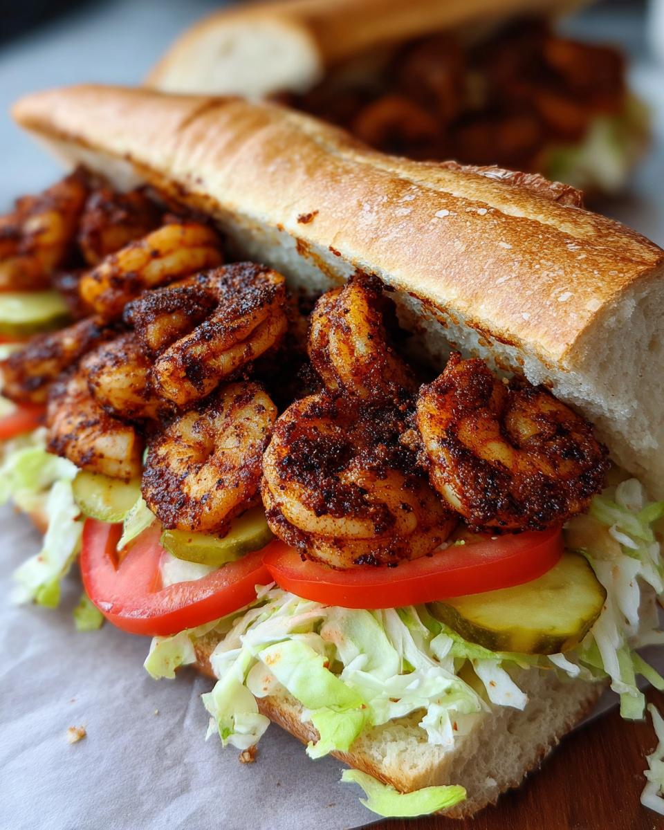 A close-up view of The Best Easy Blackened Shrimp Po Boy stuffed with blackened shrimp, lettuce, tomato, and pickles.