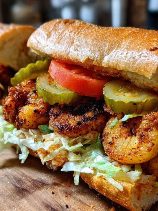 Close-up of The Best Easy Blackened Shrimp Po Boy sandwich filled with blackened shrimp, lettuce, tomato, and pickles.