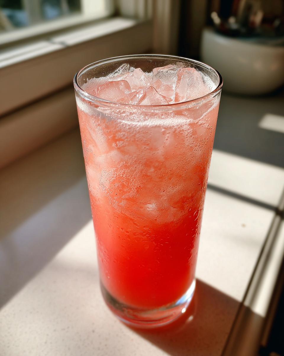 A tall glass filled with vibrant pink Easy Homemade Strawberry Lemonade and ice cubes, glistening in sunlight.