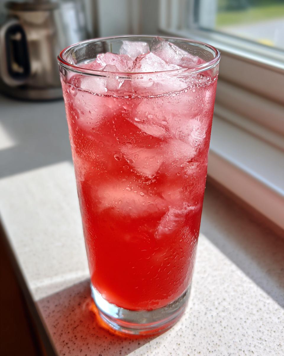 A tall, sweating glass filled with bright red Easy Homemade Strawberry Lemonade and ice cubes, sitting on a light countertop near a window.