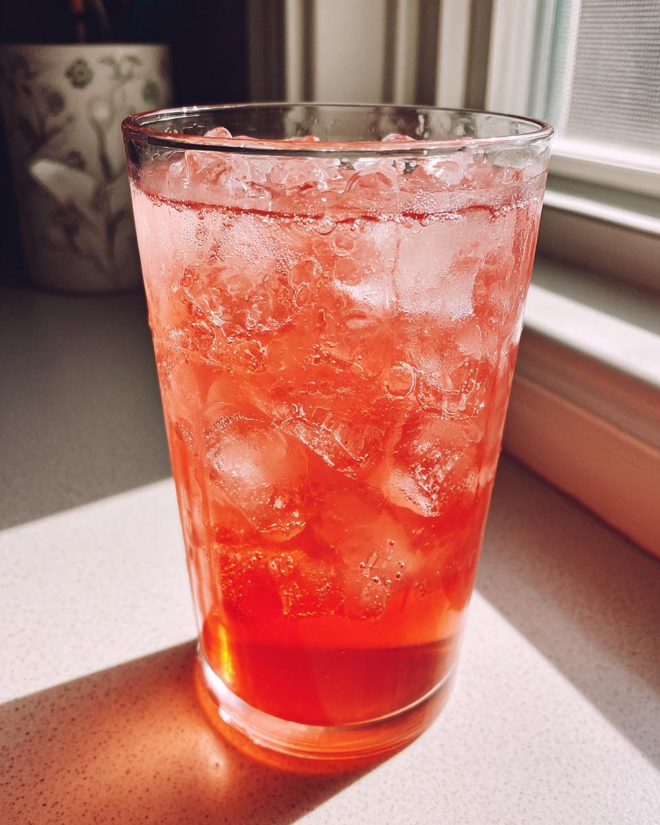A tall glass filled with ice and bright red Easy Homemade Strawberry Lemonade, catching sunlight.