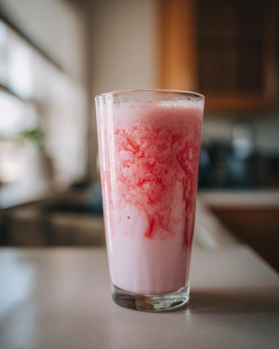 A tall glass filled with pink Easy Quick Strawberry Milk featuring streaks of bright red strawberry syrup.