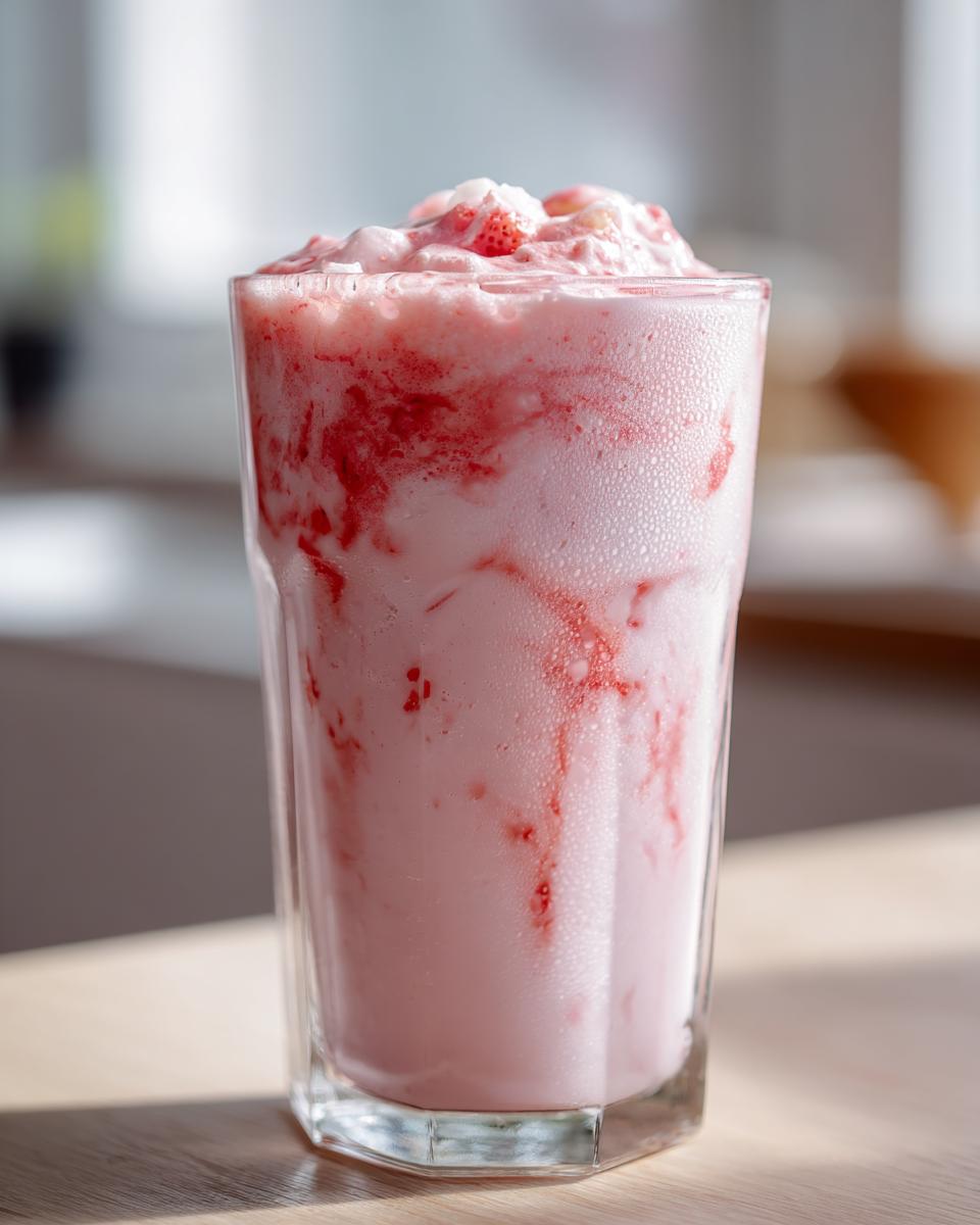 Close-up of a tall glass filled with pink Easy Quick Strawberry Milk, topped with blended strawberries.